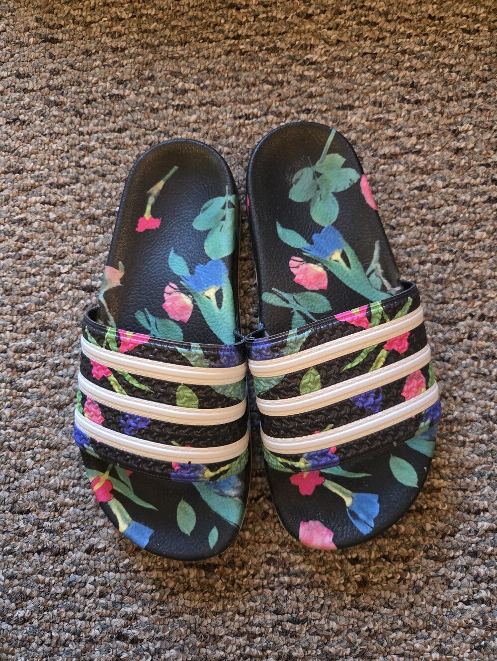 Adidas Floral Slide Sandals with White Stripes